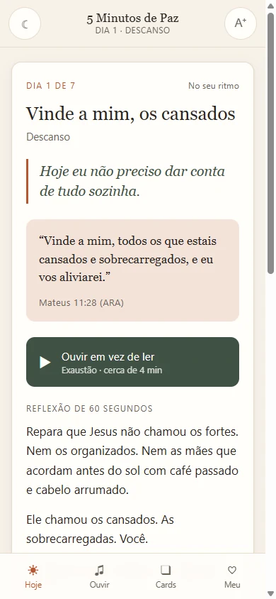 Dia 1 aberto no celular: versículo de Mateus 11:28, reflexão e botão para ouvir em vez de ler