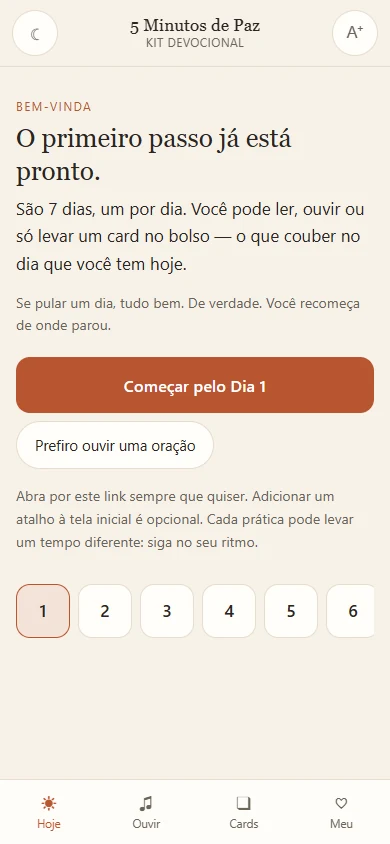 Tela inicial do kit no celular, com o botão Começar pelo Dia 1 e os sete dias numerados
