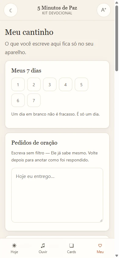 Aba Meu cantinho, com os sete dias marcados e o espaço para pedidos de oração