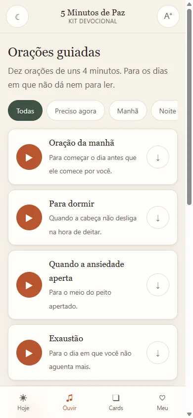Tela da área no celular com as orações em áudio