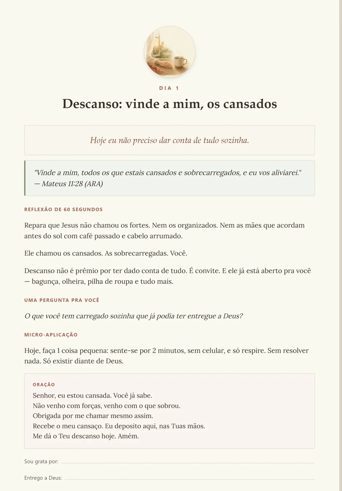 Página completa do Dia 1: Descanso, vinde a mim os cansados, com versículo, reflexão, pergunta, prática e oração